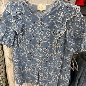 Sezane Blue Lace Blouse